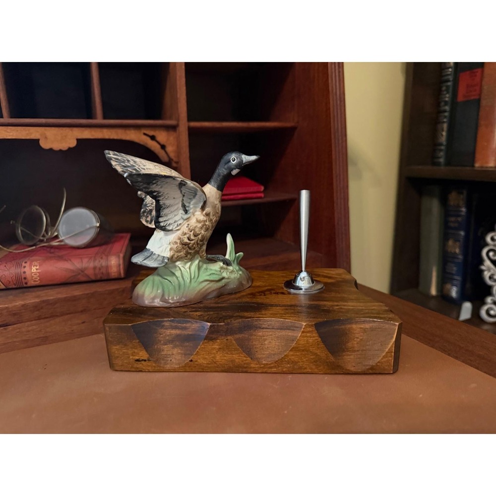 Vintage Canada Goose Ceramic Pen Holder Desk Accessory Wood Base Waterfowl Decor